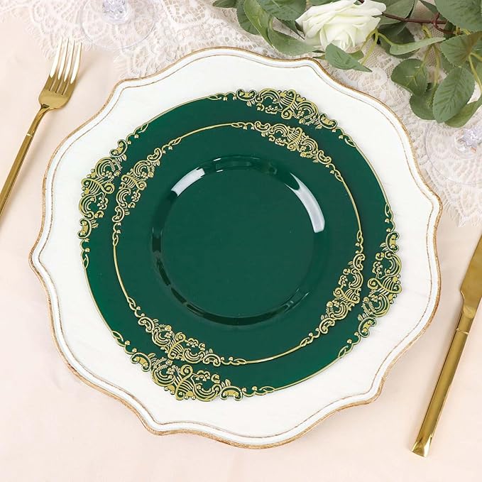 8" Salad Plates -Set of 10 - Plastic Hunter Green Round Baroque Disposable Chargers Leaf Embossed Rim, Ideal for Dinner Party Wedding Bulk Events