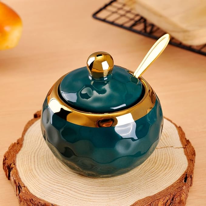 WHJY Ceramic Sugar Bowl with Lid and Spoon, Golf Design Porcelain Salt Bowl Salt Container, Modern Spice Box Seasoning Jar for Home and Kitchen Coffee Bar - Green