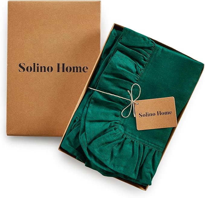 Solino Home Linen Ruffle Cloth Napkins Set of 4-100% Pure Linen Rainforest Green Dinner Napkins 20 x 20 Inch - Gabrielle Ruffle, Handcrafted and Machine Washable - Christmas, Winter, New Year