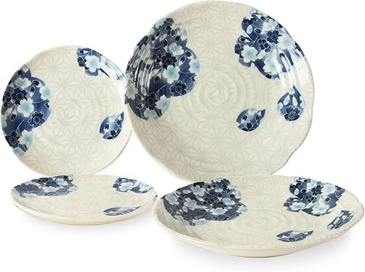 Mino Ware Japanese Ceramics 2 Pasta Plate & 2 Salad/Appetizer Plate Made in Japan (Japan Import) TNG004 (Flax Ornament)