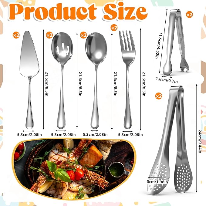12 PCS Serving Utensils Set for Party Premium Stainless Steel Serving Utensils Large Servings Spoons, Forks, Tongs, Pie Server, for Buffet, Catering, Entertaining, Silver
