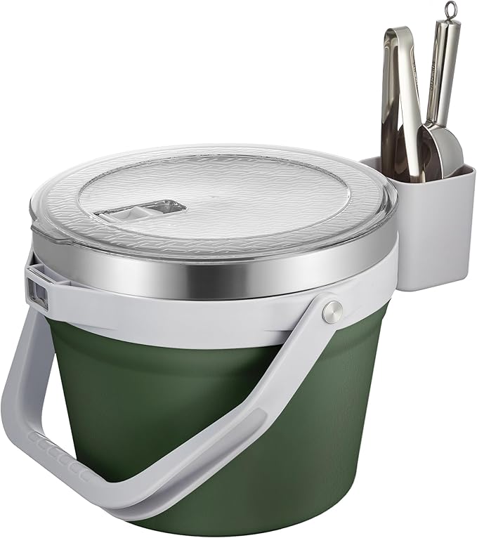 COKTIK 7L Vacuum Insulated Ice Bucket with Lid and Scoop& Tongs，Large capacity Stainless Steel Beverage Bucket for Cocktail, Champagne, Wine, Beer，Large Parties（Army Green Suit）