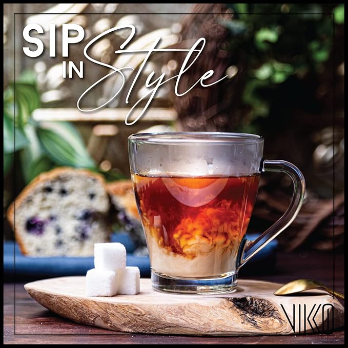 Vikko 9 Ounce Glass Coffee Mugs, Thick and Durable For Coffee, Tea, Cider, Great for Layered Drinks, Microwave and Dishwasher Safe, Set of 12 Clear Glass Mugs, 3.4” Diameter x 3.8” Tall