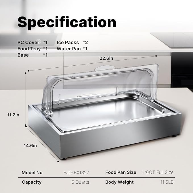 Ice Food Serving Display Tray, Cold Serving Plate with Clear Roll Top, 5QT Stainless Steel Food Serving Tray, Cooling Food Dishes Display Plate for Home, Buffet, Restaurant, Party
