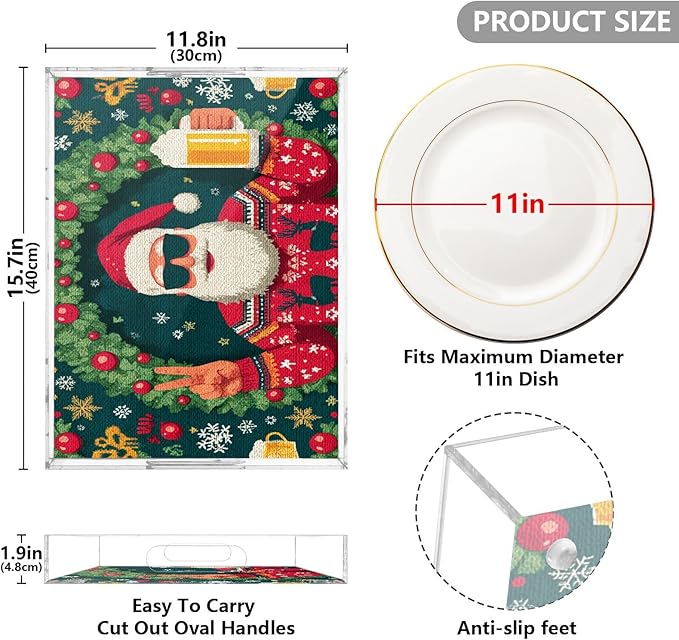 Serving Tray with Handles Clear Acrylic Tray 12x16 Inch Decorative Rectangular Tray Organizer for Ottoman Coffee Table Bathroom Christmas Santa Claus Snowflakes Green