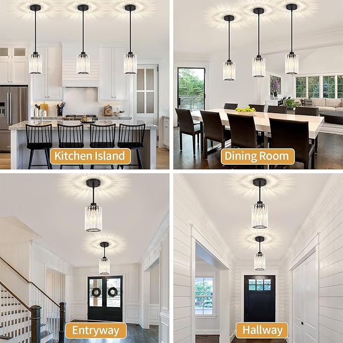 3 Pack Black Pendant Light, Modern Crystal Pendant Lights Kitchen Island Lighting, Hanging Light Fixtures Mini Chandelier Pendant Lights for Island Dining Room Hallway Bedroom
