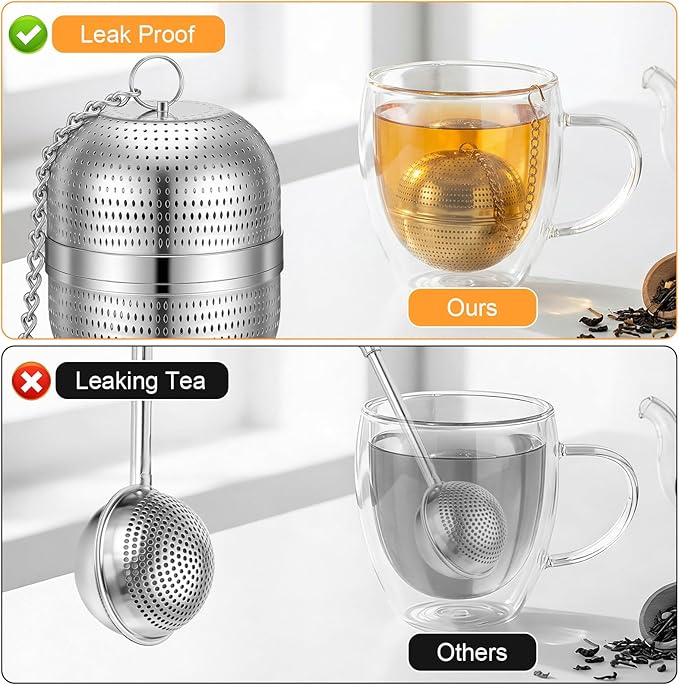 Tea Ball Infuser for Loose Tea, Stainless Steel Mesh Loose Leaf Steeper Diffuser with Drip Tray, Extra Fine Mesh Tea Strainer with Chain Hook and Threaded Lid for Black Tea, Rooibos, etc