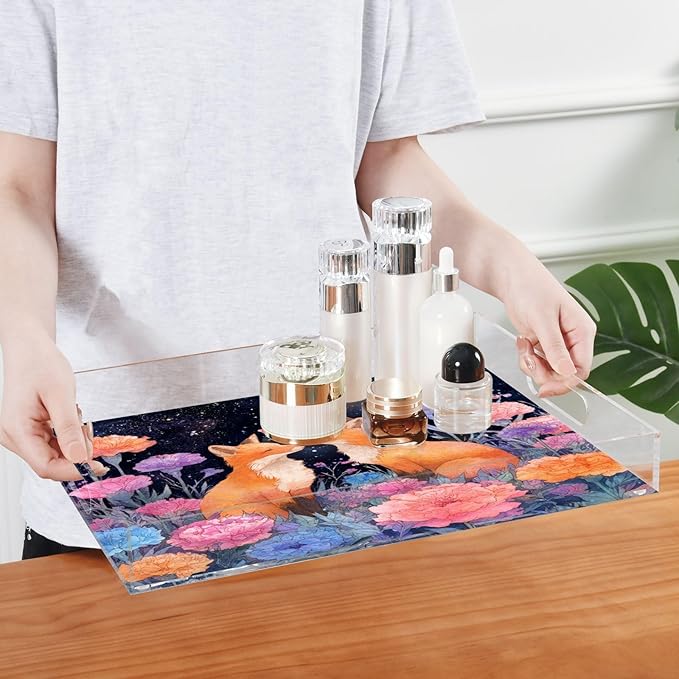 Serving Tray with Handles Clear Acrylic Tray 12x16 Inch Decorative Rectangular Tray Organizer for Ottoman Coffee Table Bathroom Foxes Carnations Colorful
