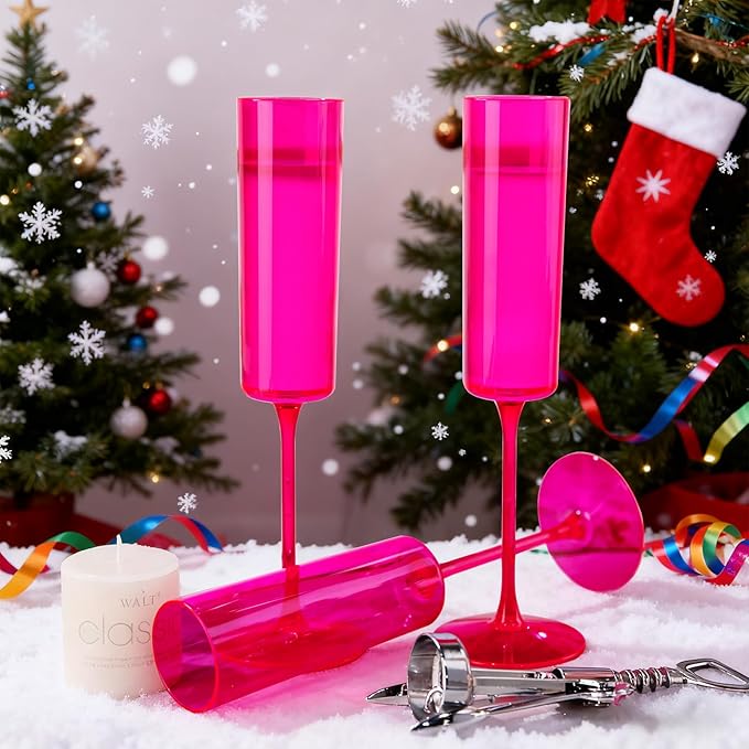 Ciaell 24 Pack Plastic Champagne Flutes - Hot Pink 6 Oz Disposable Champagne Glasses - Square Plastic Toasting Glasses for Party Birthday Anniversary Wedding