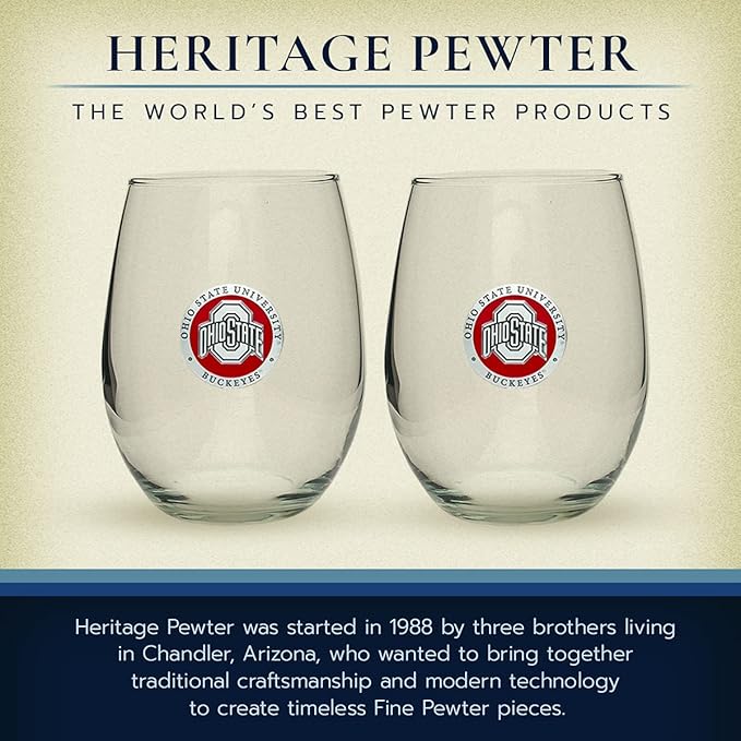 Heritage Pewter Ohio State Buckeyes Stemless Glass Goblets – Set of 2 | 15 OZ Goblet Wine Glasses | Expertly Crafted Pewter Glass
