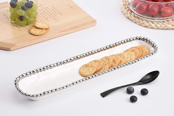 Pampa Bay Salerno Porcelain Cracker Tray with Titanium-Plated Border, White and Silver