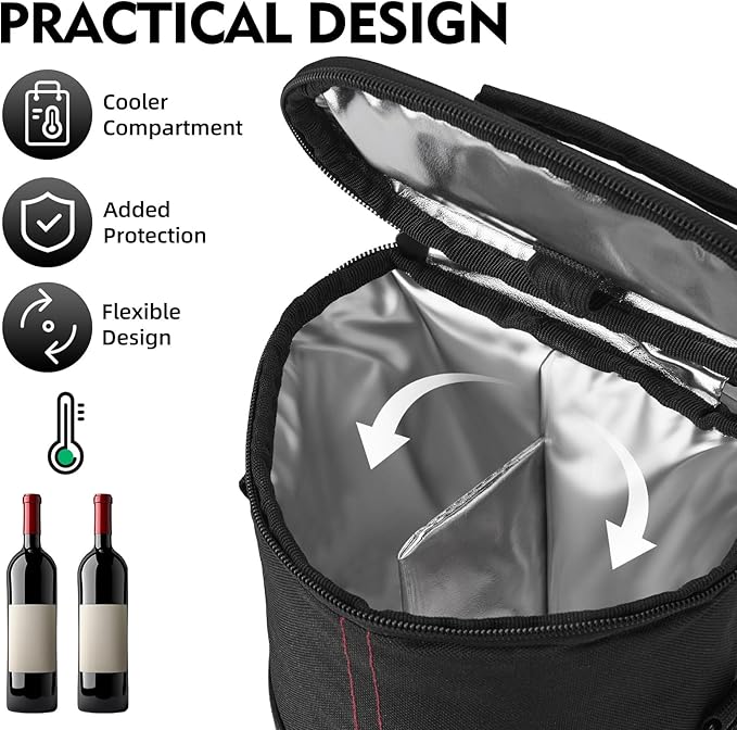 ALLCAMP 2 Bottle Wine Tote Carrier - Insulated Portable Padded Canvas Wine Bag for Travel, BYOB Restaurant, Wine Tasting, Party, Great Christmas Day Gift for Wine Lover，Black