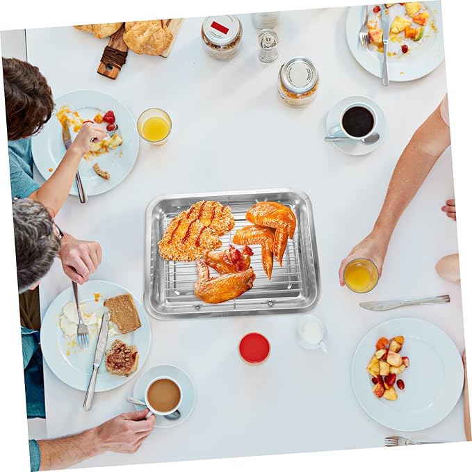 Yardwe Stainless Steel Grilled Food Serving Tray for BBQ Oil Draining Snack Dish Rectangular Multi-Function Frying Food Plate for Parties and Gatherings