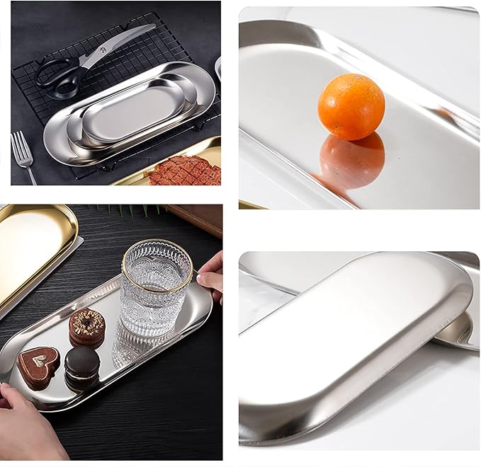 4 Pcs 7 Inch x 3.3 Inch Trinket Tray, Silver Stainless Steel, for Serving Trays Towel Storage Dish Plate Tea Fruit Trays Jewelry Plate Decorative Storage Tray