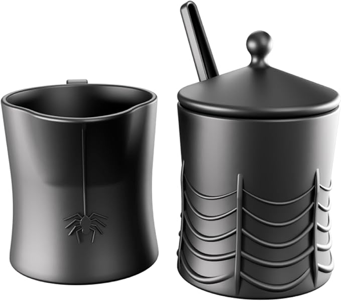 New - Nomnu Black Spiderweb Sugar and Creamer Set. Ceramic Sugar Bowl with Lid and Spoon, and Creamer Pitcher. Gothic Decor, Perfect for Goth Lovers, Includes Spider-Embossed Design