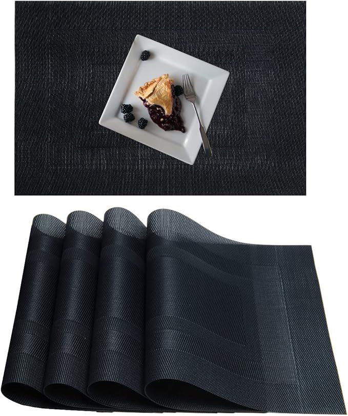Placemats,PlasticVinyl Washable Heat-Resistant Durable PVC Non-Slip Woven for Kitchen Dining Table Mats (Set of 4, Black)