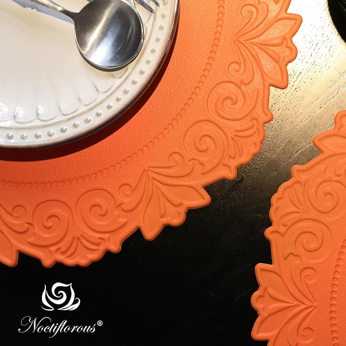 Noctiflorous Round Faux Leather 15 Inch Placemats Set of 6 Waterproof Wipeable Heat Resistant Tablemat for Dining Table Kitchen Non Slip Washable Oilproof Table Place Mat(Pumpkin Orange, 6)