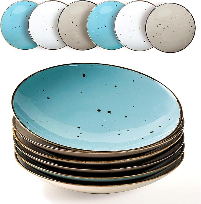 Esfour Ceramic 7.84inch Serving Bowls - Set of 6 | 20 Oz Large Pasta Salad Bowls, Microwave/Oven Safe, Wide Shallow Porcelain Bowls for Party, Dinner, Entertaining, Stackable - Natural Assorted Colors