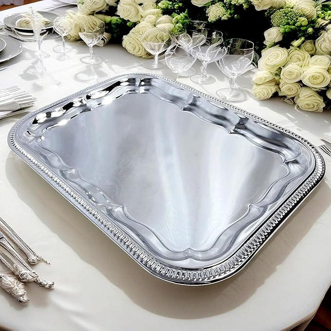 (Pack of 4 16.1-Inch x 12.2-Inch Oblong Rectangular Trim Victoria Floral Engraved Catering Chrome Plated Serving Plate Mirror Food Candle Deco Art Tray Platter Party(Medium) T227-4pk