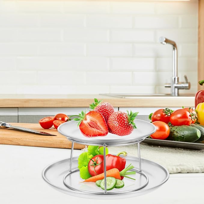 UPKOCH 2 Tier Stainless Steel Serving Tray Set, Metal Cupcake Stand & Seafood Platter for Party, Silver Round Dessert Display Plates for Afternoon Tea, Baby Shower