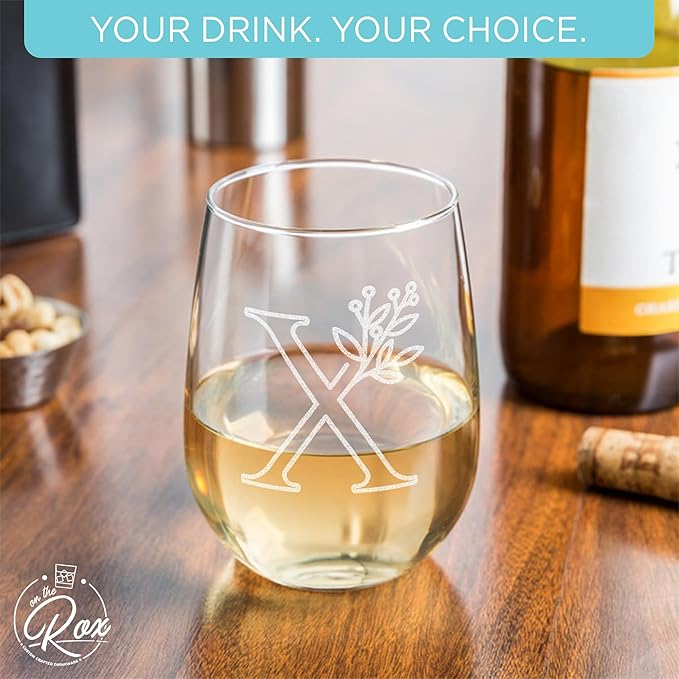On The Rox Drinks Monogrammed Gifts For Women and Men - Letter A-Z Initial Engraved Monogram Stemless Wine Glass - 17 Oz Personalized Wine Gifts For Women and Men (X)