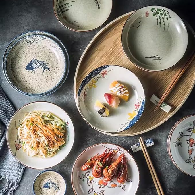 Kitchen Plates Japanese Retro Ceramic Plate Deep Plate Dinner Plate Home Restaurant Rice Bowl Soup Plate Japanese Tableware Restaurant Plates(4)