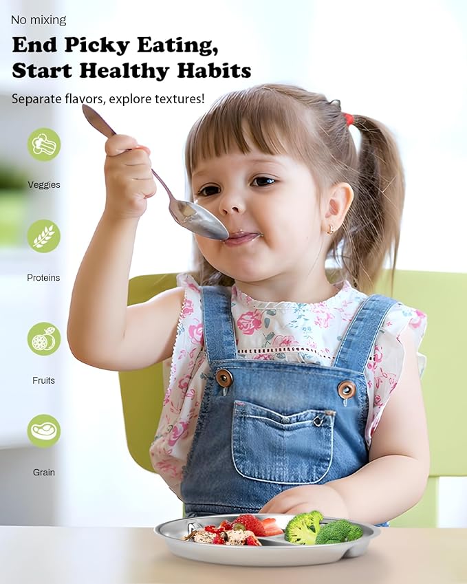 Stainless Steel Kids Plates 2 Packs, 8" Divided Toddlers portion control Plate, Non Toxic & BPA Free |Unbreakable |Dishwasher Safe Baby Snack Dish for Solid Starts Self-Feeding