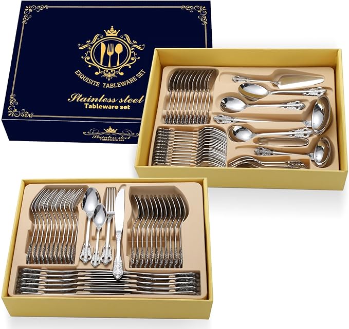 IKXO 72 Piece Silverware Set For 4 Exquisite Ergonomic Flatware Set Stainless Steel Flatware Serving Set For Home Kitchen Restaurant Hotel Mirror Finished Dishwasher Safe