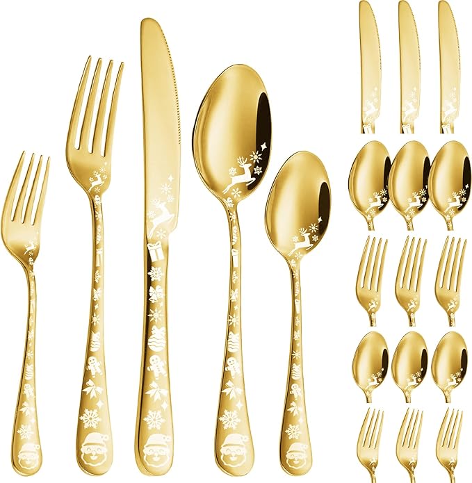 Vilihkc Christmas Style Silverware Set, 20 Piece Stainless Steel Flatware, Kitchen Utensil Service for 4, Tableware Cutlery for Home and Restaurant, Dishwasher Safe
