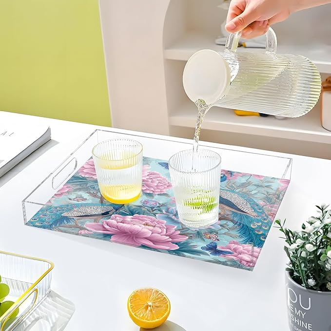 Serving Tray with Handles Clear Acrylic Tray 12x16 Inch Decorative Rectangular Tray Organizer for Ottoman Coffee Table Bathroom Light Blue Peacock Butterflies and Flowers