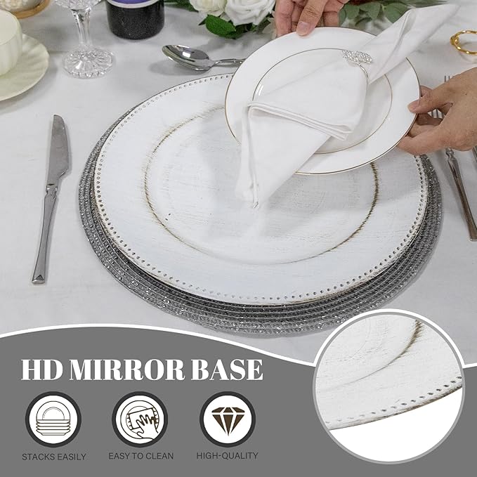 MAONAME 13" Round Charger Plates Set of 12, Antique White Plate Chargers, Plastic Charger for Dinner Plates, Beaded Table Chargers for Wedding, Party