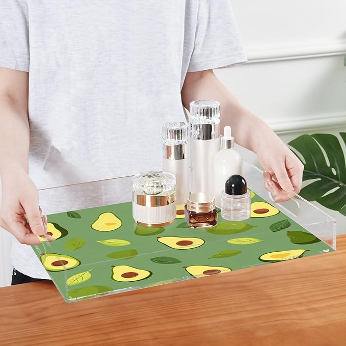 Serving Tray with Handles Clear Acrylic Tray 12x16 Inch Decorative Rectangular Tray Organizer for Ottoman Coffee Table Bathroom Green Avocado and Leaves