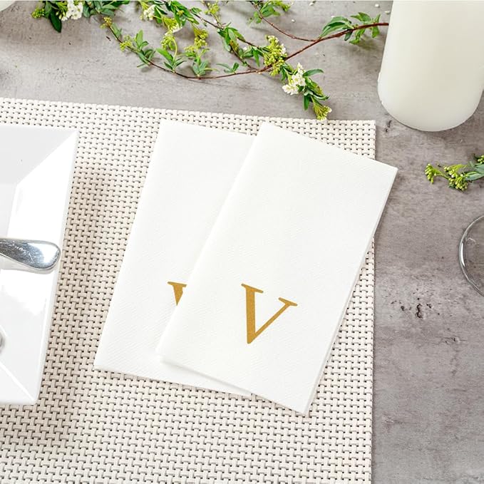 Luxenap 15.8 X 7.9 Inch Linen-Feel Guest Towels, 2000 Lettered Hand Towels - Gold Letter 'V', Sans Serif Font, White Paper Dinner Napkins, airlaid, For Restrooms And Tables