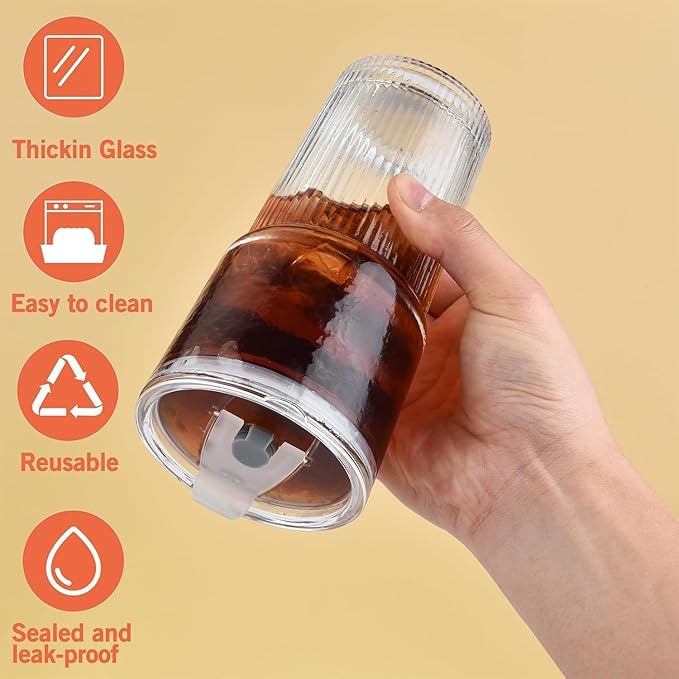 ALINK 20oz Glass Tumblers with Lids and Straws, Set of 4 - Stylish Ribbed Design Drinking Glasses for Iced Coffee Cups, Juice, Smoothies, Cold Beverages, Includes Cleaning Brush, Durable Glassware