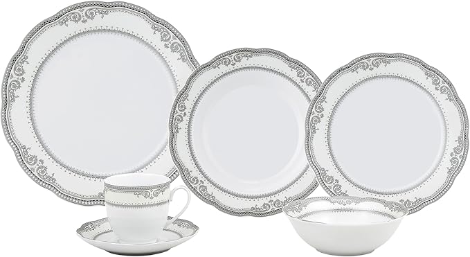 Lorren Home Trends Victoria-24 24 Piece Victoria Design Porcelain Wavy Edge Dinnerware Set, White