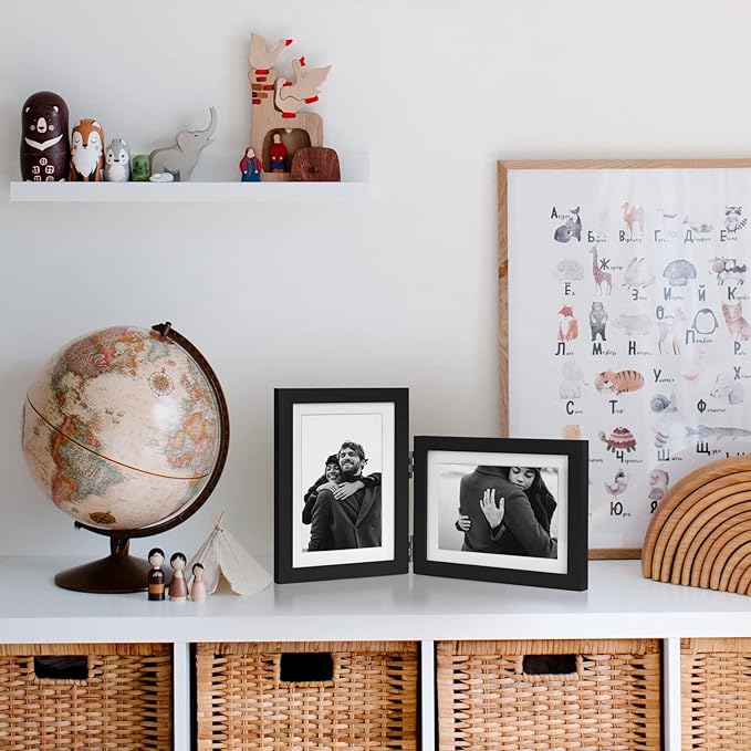5X7 Double Wooden Hinged Picture Frame Vertical and Horizontal in Distressed Farmhouse Wood Grain, Display 4x6 with Mat or 5x7 without Mat, Folding Photo Frame with Real Glass Front for