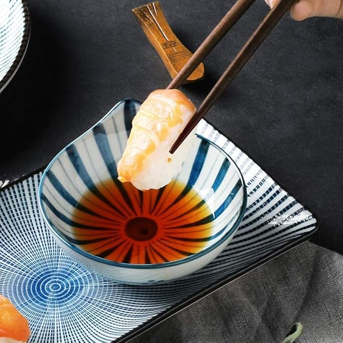 Appetizer Plates, Ceramic Sushi Dinnerware 8pc Set,Sushi Plates Soup Sauce Bowls,Dip Dish for Serving Dips, Dressings, Sauces, Appetizers-B