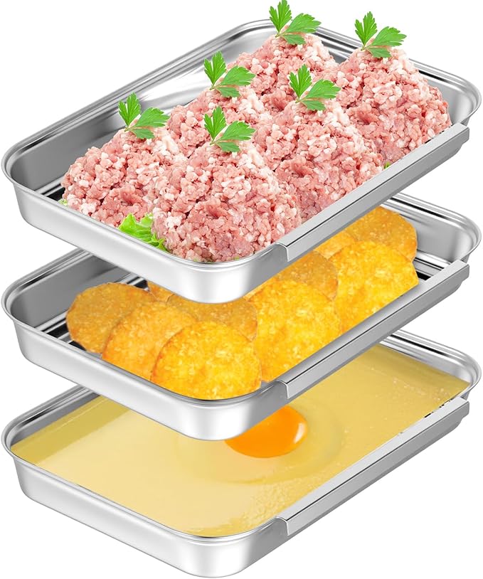 Breading Trays Set of 3 Dredging Trays for Cooking, Stainless Steel Breading Pans Set for Marinating Meat, Chicken, Fish, Food Prep Tray