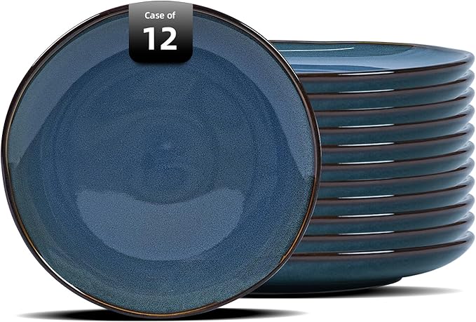 Organic Shape Highland Ceramic Salad plate, 12pcs 8 Inch Handmade Reactive Glaze Stoneware Plates with Wavy Edge, for Kitchen, Microwave & Dishwasher Safe, Scratch Resistant-Blue