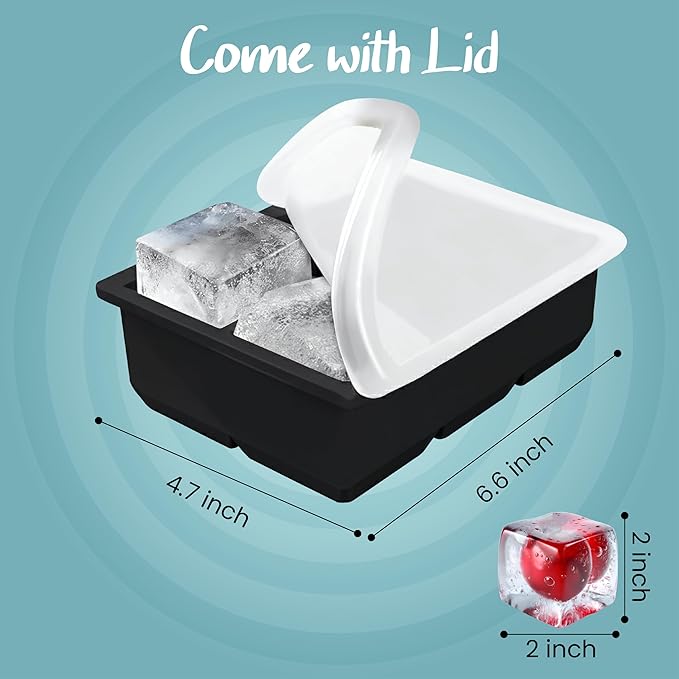 2 Pack Large Square Ice Cube Mold, Silicone Big Ice Cube Trays with Lids, BPA-Free Easy Release Stackable Ice Cube Trays for Freezer, Old Fashioned Ice Cube Maker Molds for Whiskey/Cocktails/Drinks