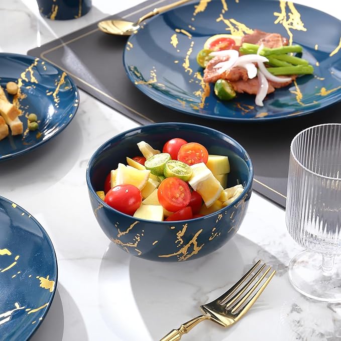 Modern Porcelain 16 Piece Blue Dinnerware Set,Plates and Bowls Sets,Gold Dish Set for 4,Blue Dinnerware Set,Dinner Sets with Dinner Plates.