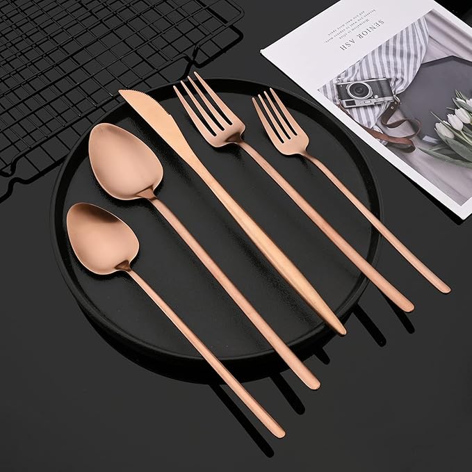 JASHII Modern Silverware Set - 20 Pieces Cutlery Set Matte Rose Gold - Brushed 304 Stainless Steel Flatware Set - Narrow and Long Handle - for Home Dinner and Restaurant