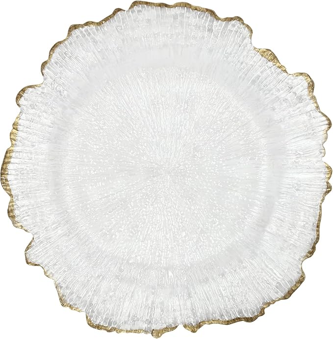 100Pcs Antique Clear Charger Plates, 13" Round Decorative Reef Chargers for Dinner Plates, Reusable Plastic Charger Plates Bulk with Gold Rim for Wedding, Dinner, Party, Bridal Shower