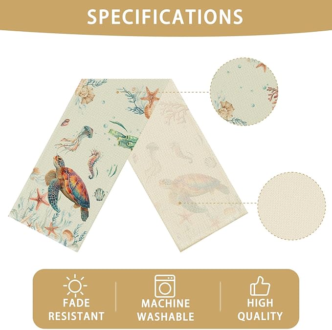 Sea Turtle Starfish Table Runner Seasonal Holiday Kitchen Dining Linen Table Decoration for Indoor Outdoor Home Party Decor 13 x 72 Inch