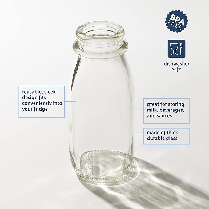 kitchentoolz Glass Creamer Bottle 12 Oz Square Glass Milk Bottle with Lids- Perfect Milk Container for Refrigerator - 12 Ounce Milk Bottle with Lid and Pour Spout