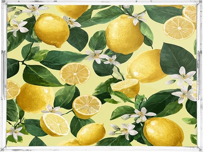 Serving Tray with Handles Clear Acrylic Tray 12x16 Inch Decorative Rectangular Tray Organizer for Ottoman Coffee Table Bathroom Yellow Vibrant Lemons Floral