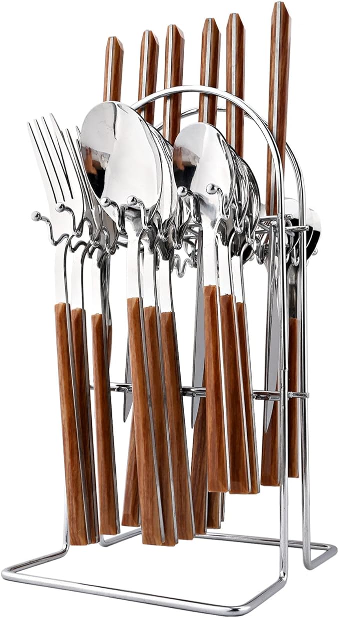24Pcs Wooden Handle Flatware Silverware Set with Stand, Stainless Steel Cutlery Set for 6, Square Handle Eating Utensils, Mirror Polished Knife Fork Set