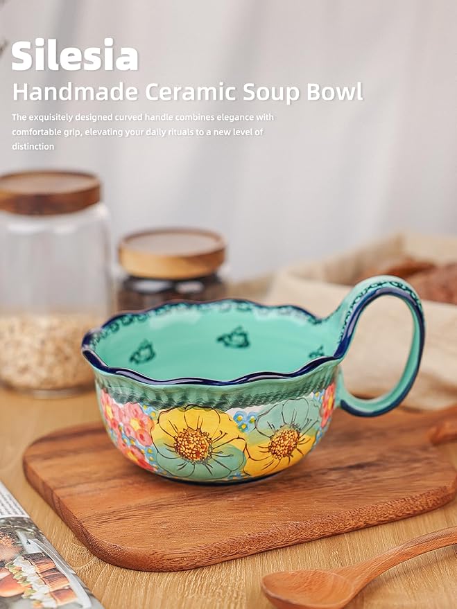 silesia Handmade Ceramic Soup Bowl, 30 oz Hand Painted Bowl with Loop Handle, Floral Design Cereal Bowl for Soup, Ice cream, Snack, Microwave & Dishwasher Safe (Flowers Green)