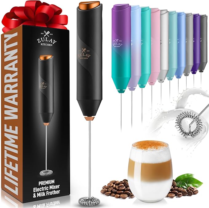 Zulay Kitchen Powerful Milk Frother Wand - Handheld Stainless Steel - Battery Operated Drink Mixer for Coffee, Lattes, Cappuccino, Matcha - Froth Mate Frother Gift - Black with Copper