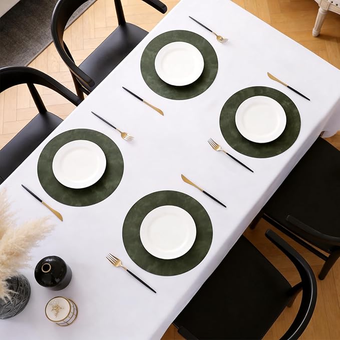 MOSAYT 13 Inch Round Vinyl Placemats Set of 6 - Faux Leather 100% Waterproof Oil-Proof Wipeable PU Place Mats, Heat Resistant Reversible Table Mats for Kitchen, Dining, Outdoor (Olive Green)